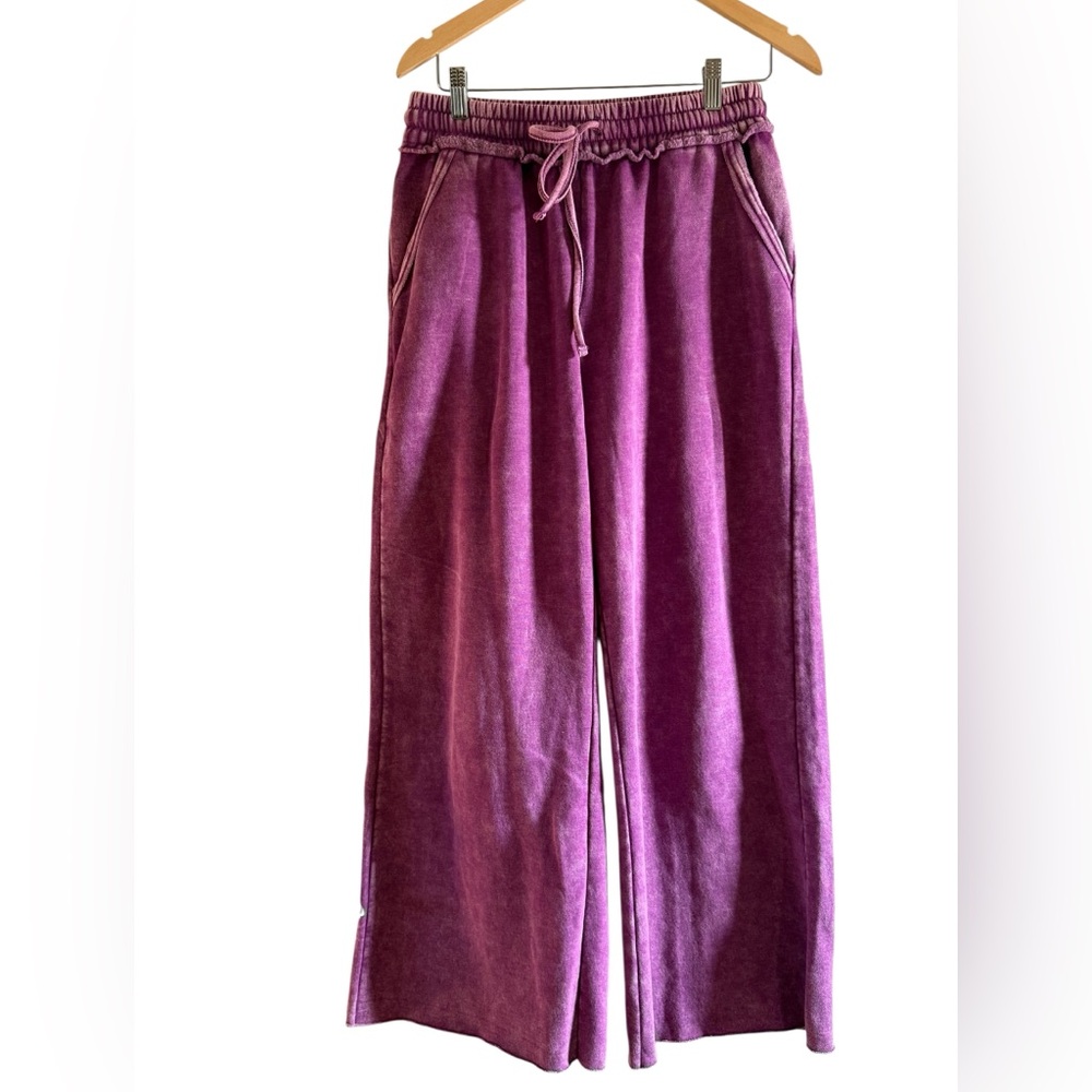 ZENANA French Terry Pull On Wide Leg Acid Wash Pants Light Plum Medium